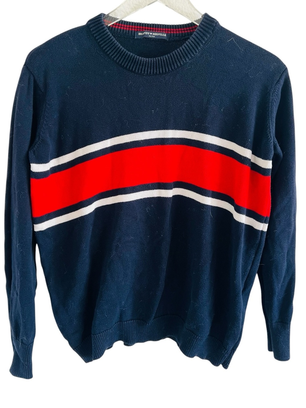 Brandy Melville Navy Crewneck Sweater with Red Stripe